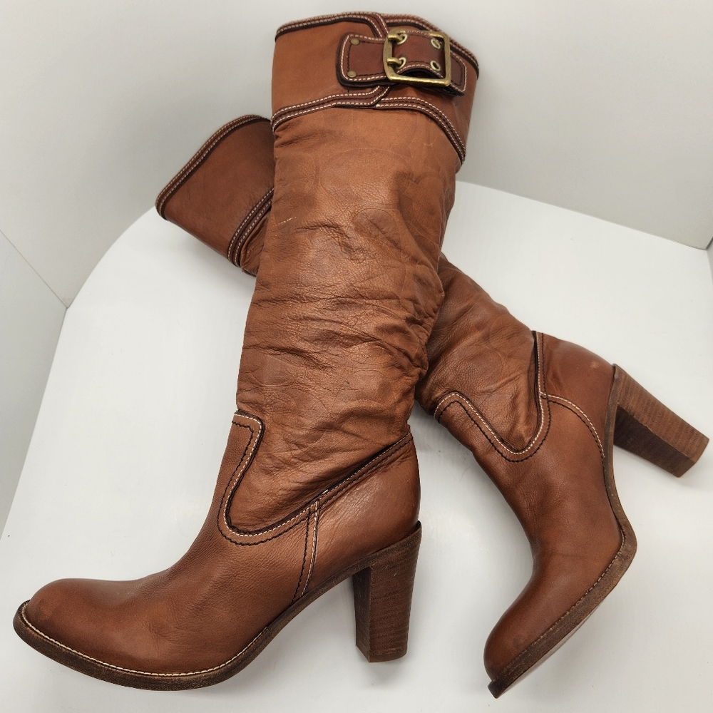 Coach boots women's 8.5B brown cognac leather knee high Meredith Q095 Made Italy